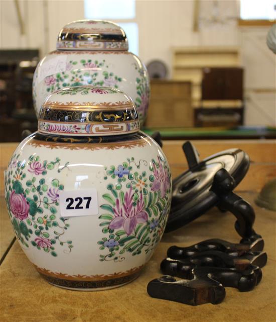 Pair ginger jars on wooden stands